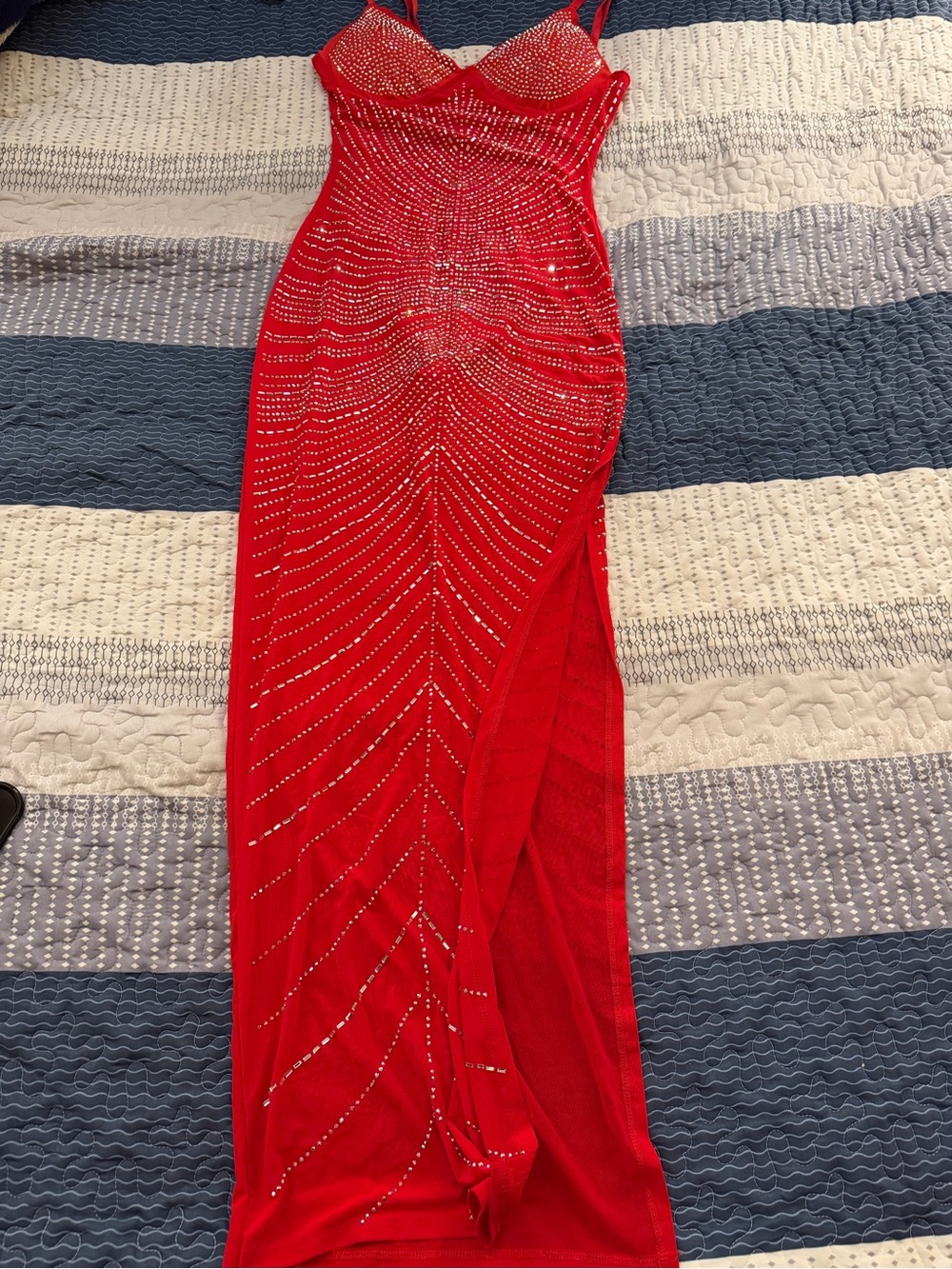 Aria Red Beaded Maxi Dress with High Slit